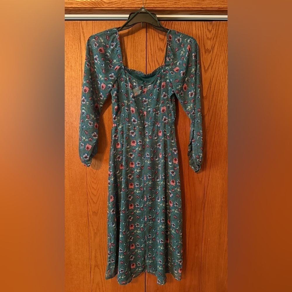 Francesca's Collections Green Boho Cottage Dress Size Small No Stretch Midi Zip
